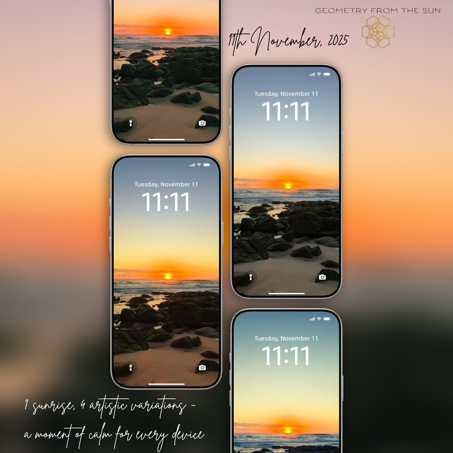 11 Nov 2025 Sunrise Wallpapers – 4 Artistic Moods | iPhone, Samsung, iPad, Desktop (4K, HD) - Geometry From The Sun