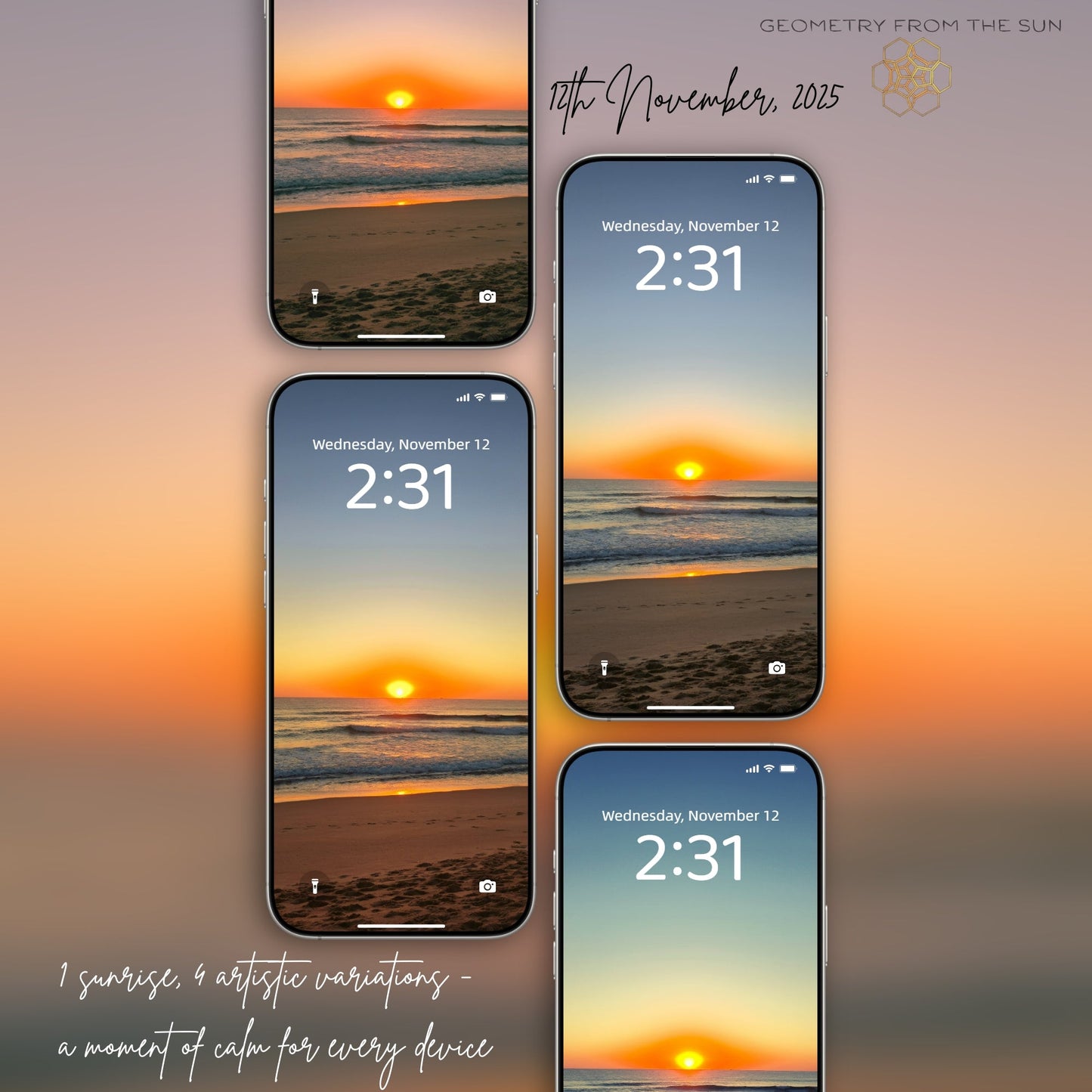 12 Nov 2025 Sunrise Wallpapers – 4 Artistic Moods | iPhone, Samsung, iPad, Desktop (4K, HD) - Geometry From The Sun