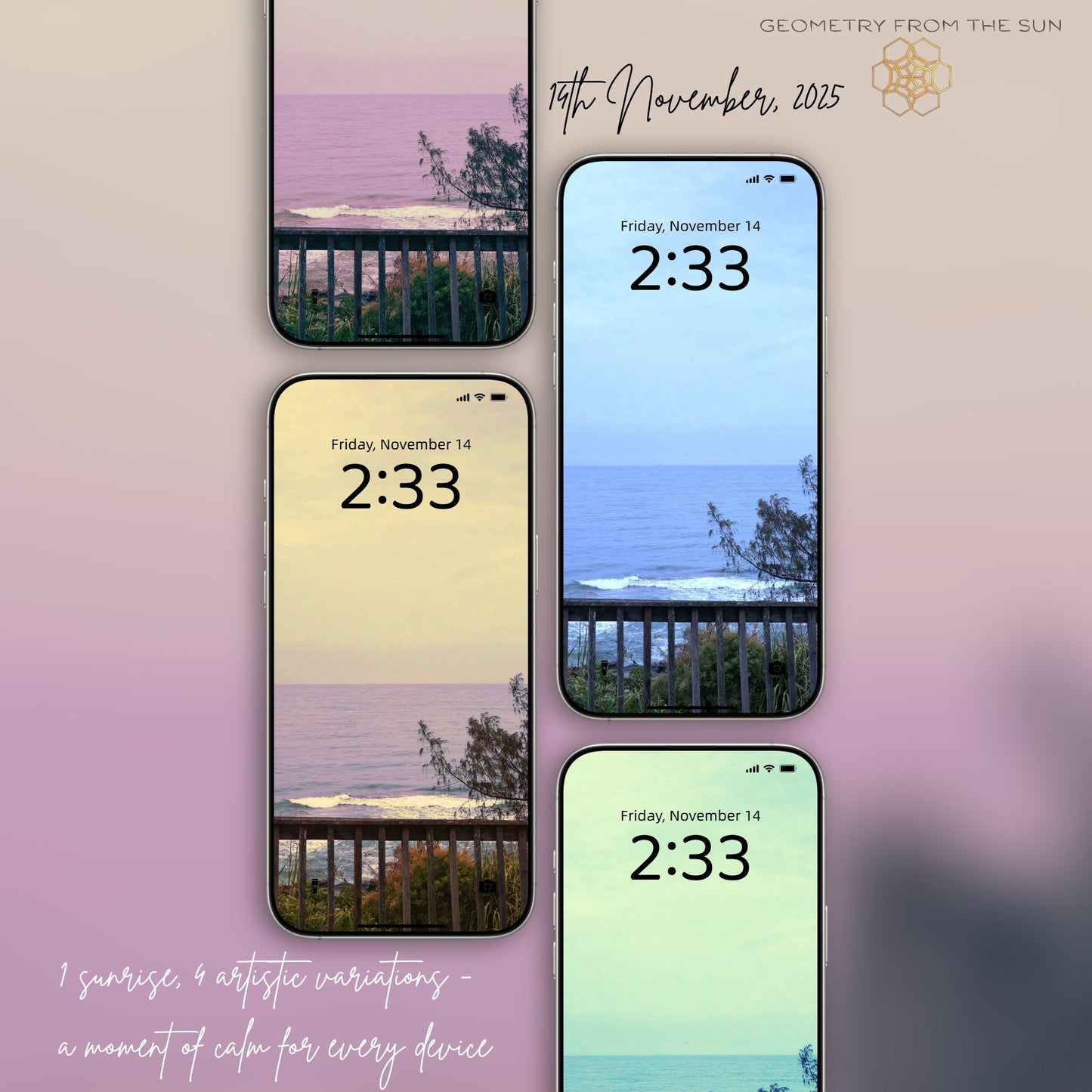 14 Nov 2025 Sunrise Wallpapers – 4 Artistic Moods | iPhone, Samsung, iPad, Desktop (4K, HD) - Geometry From The Sun