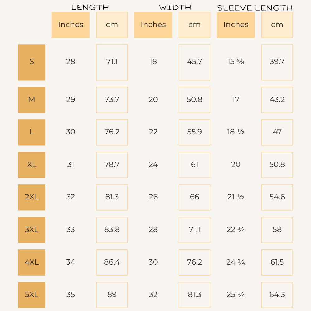 A size chart table showing measurements for clothing sizes S through 5XL, with columns for Length, Width, and Sleeve Length in both inches and centimeters on a light beige background.